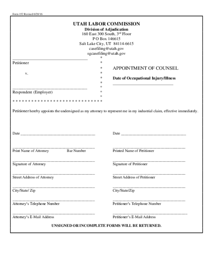 Form 152 Appointment of Counsel