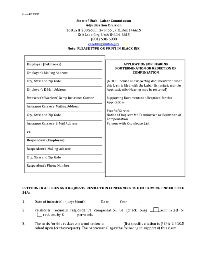 Form 402 Application for Hearing Termination or Reduction of Compensation