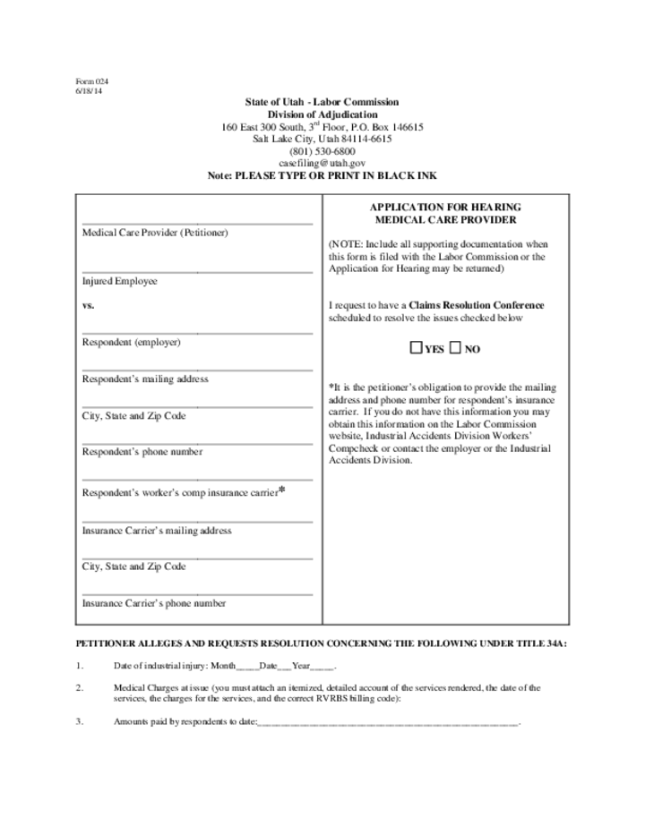 Industrial Accidents Form 024 - Medical Care Providor