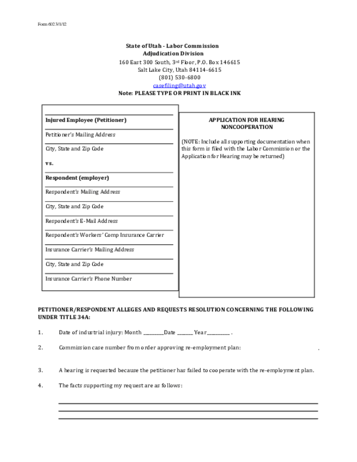 Form 602 - Application for Hearing Non-cooperation