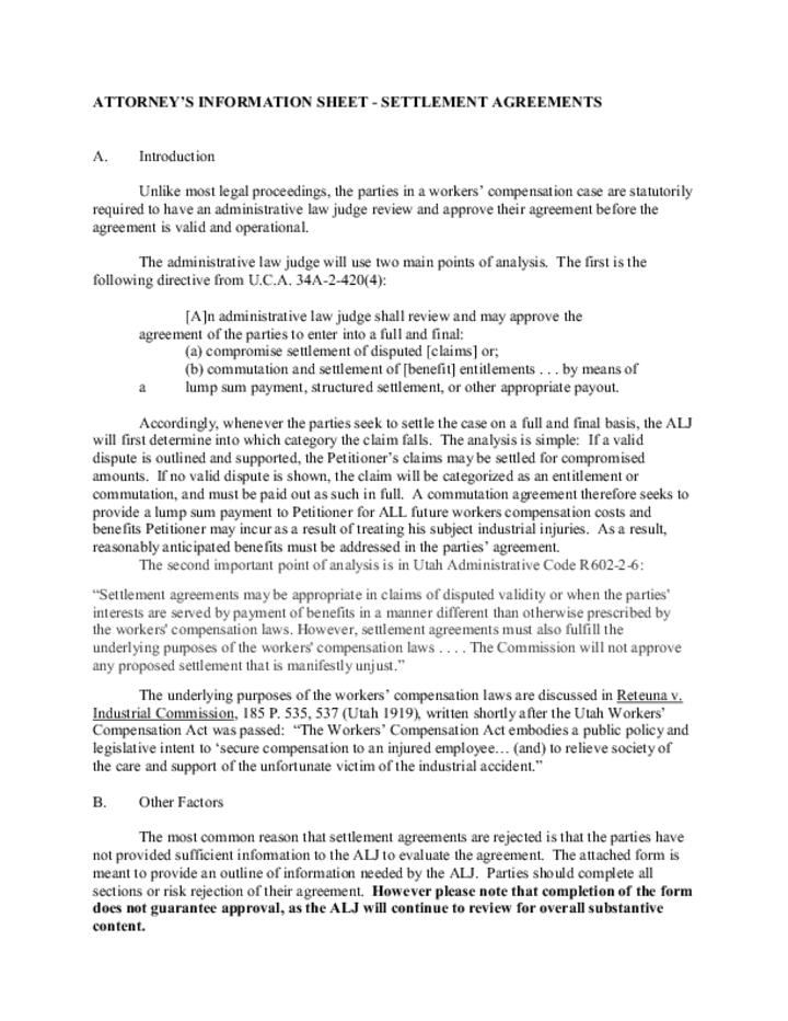 Attorney's Information Sheet - Settlement Aggreements