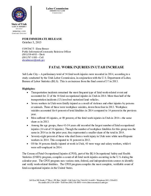 Fatal Work Injuries In Utah Increase