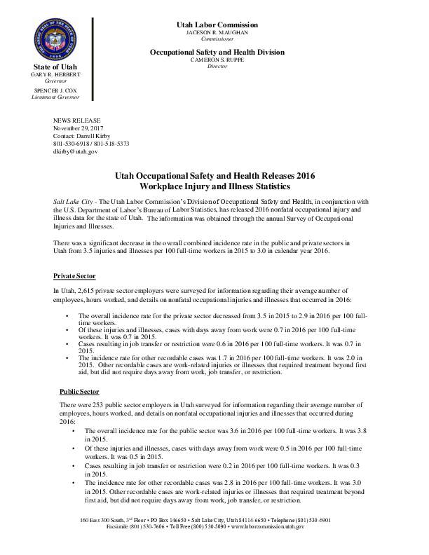 UOSH releases 2016 workplace injury statistics