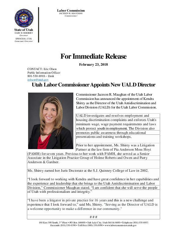 Utah Labor Commissioner Appoints New UALD Director