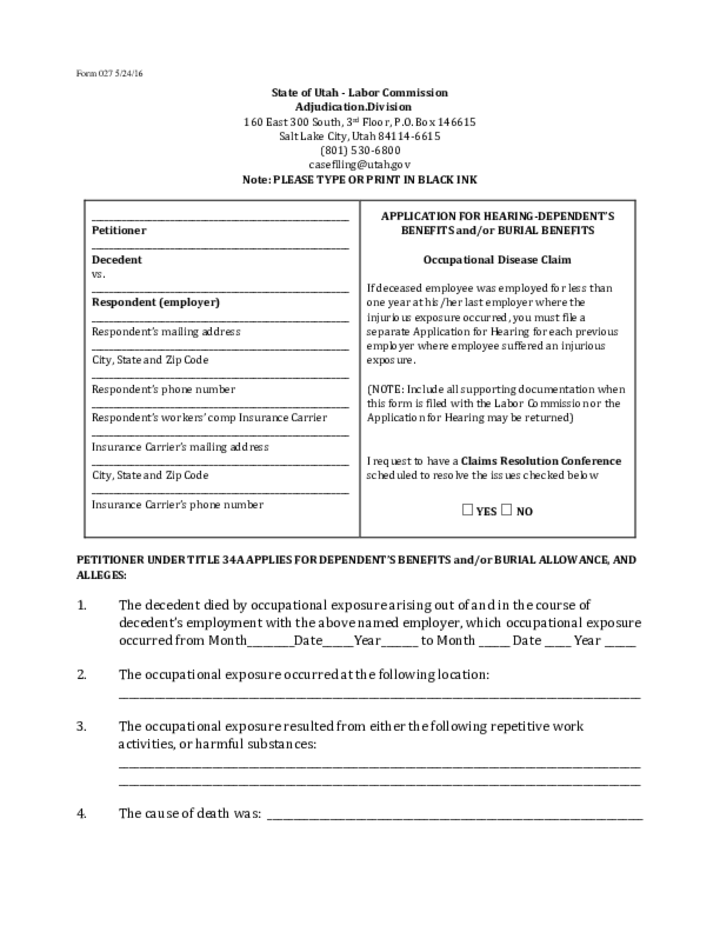 Industrial Accidents Form 027 - Occupational Disease Claim Instructions