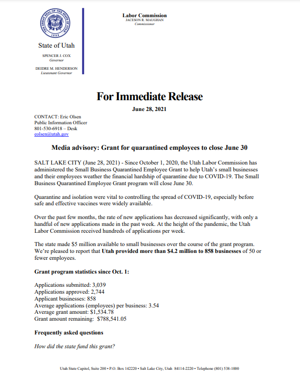Grant for Quarantined Employees To Close June 30